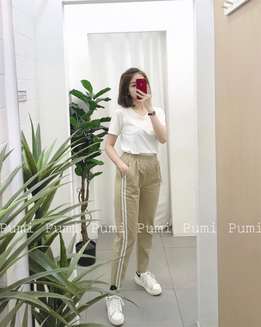 Quần baggy nữ 2 sọc lưng thun vải cotton linen co giãn tốt nhiều màu tạo điểm nhấn cá tính dễ phối áo - Pumi