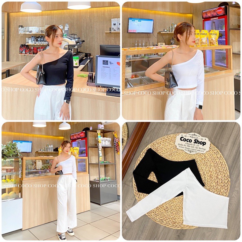 Áo Croptop Lệch Vai Tay Dài 2 Màu (ẢNH THẬT KÈM BẢNG TÊN SHOP)