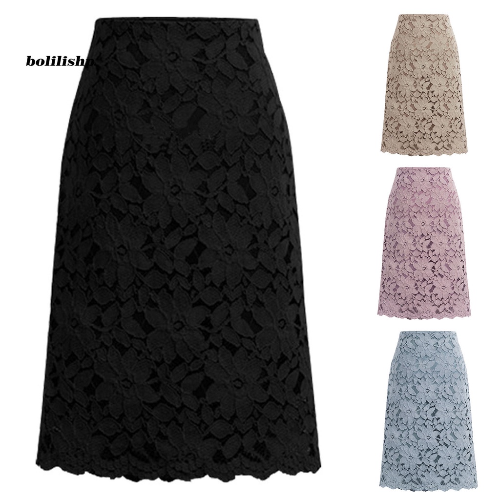 Chân Váy Ren Chữ A Dài Ngang Gối Lưng Cao Thanh Lịch Cho Văn Phòng