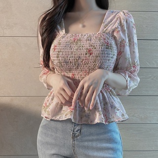 Áo Kiểu Chiffon Cổ Vuông Tay Dài In Họa Tiết Hoa Phong Cách Retro Thời Trang Cho Nữ
