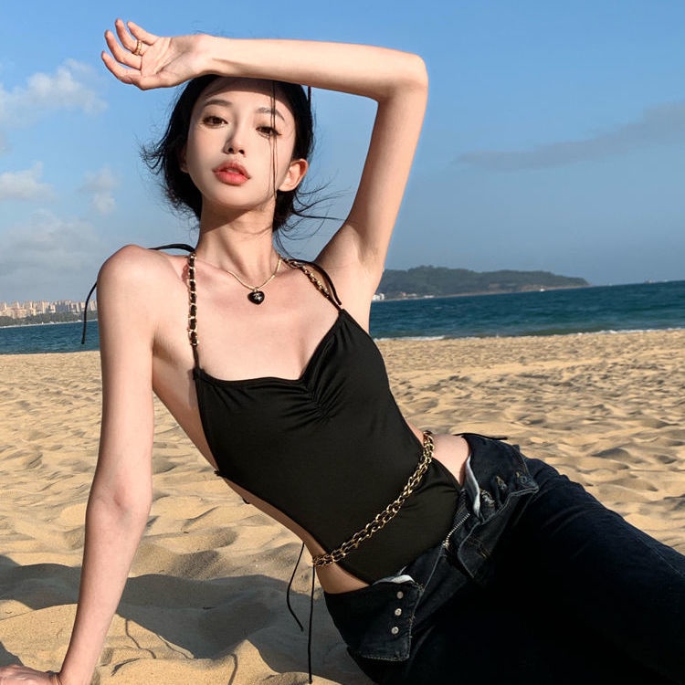 Áo Hai Dây Phối Dây Xích Dáng Ngắn Thời Trang Mùa Hè Quyến Rũ Cho Nữ