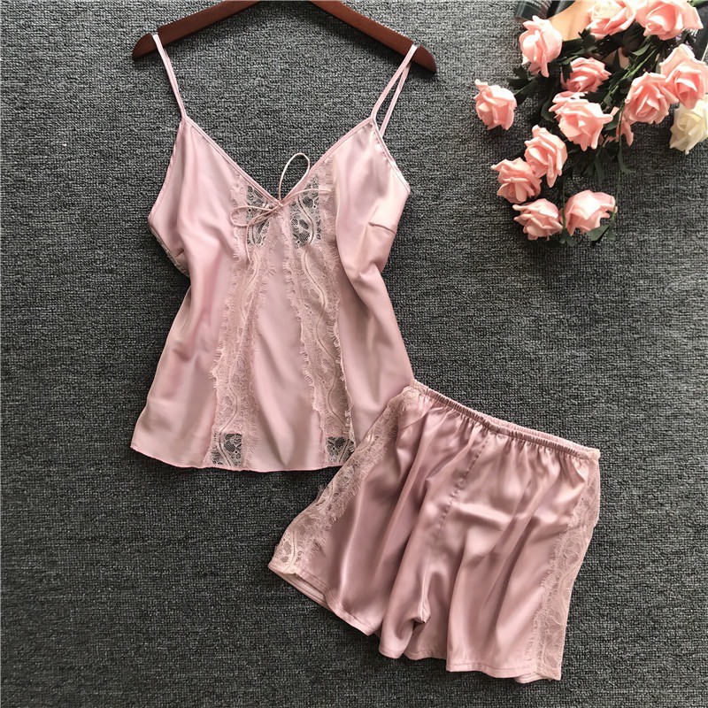 Bộ Đồ Ngủ Đùi Lụa 2 Dây Viền Ren Đính Nơ BN400 Nữ Tính Sang Trọng Chất Lượng Đẹp