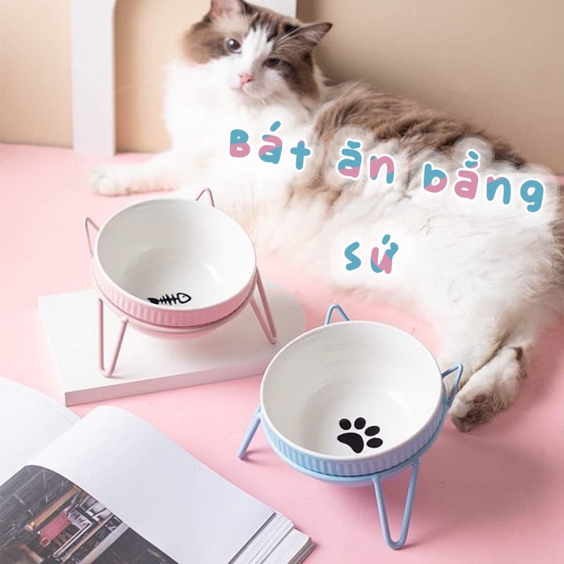 Bát Ăn Bằng Sứ Chống Gù Đôi Đơn Cao Cấp Cho Chó Mèo Đế Kim Loại