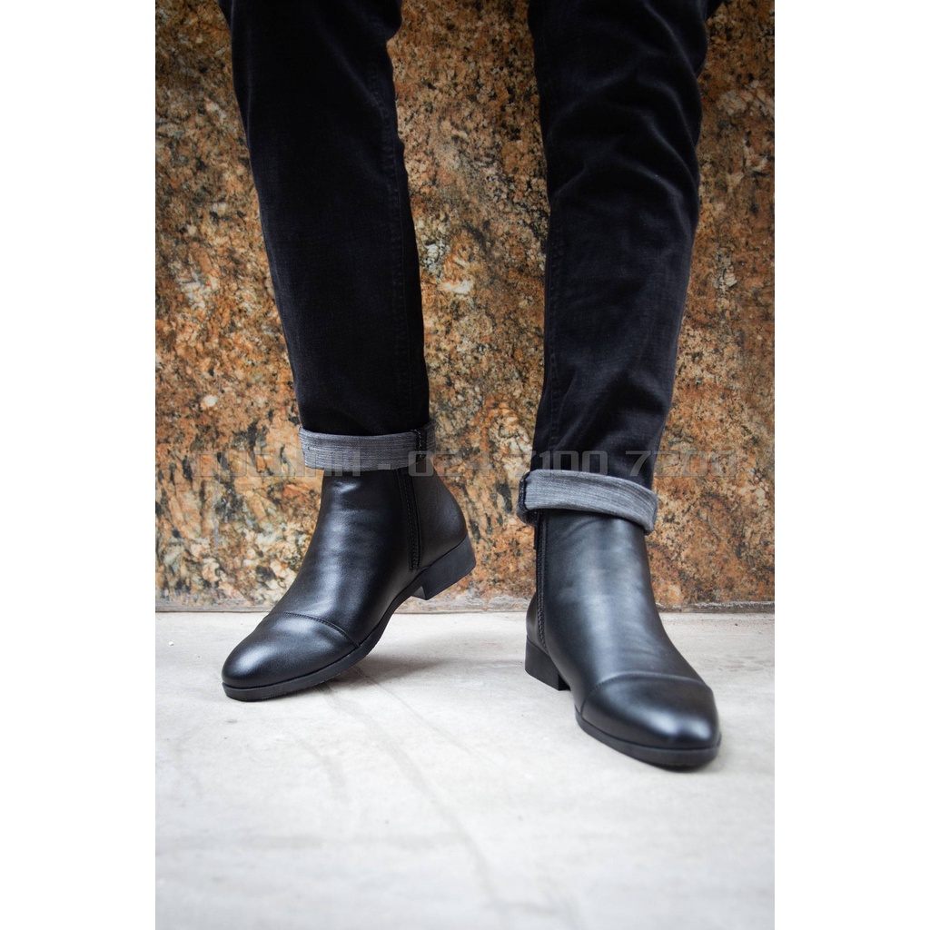 Giày Chelsea Boots Nam Da Chống Nhăn Đế Tăng Chiều Cao 5cm Đen Nhám Cổ Khoá Zip Đức Linh GDA042