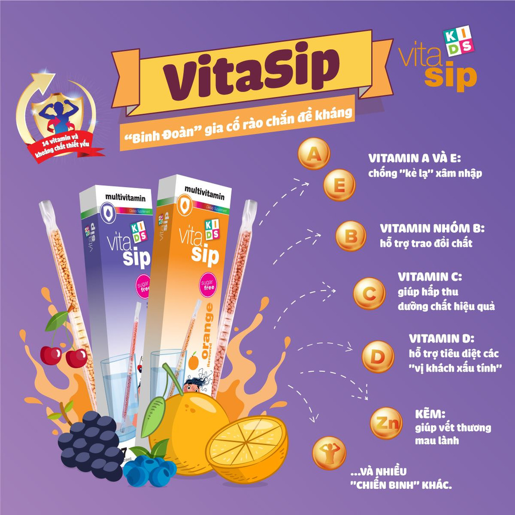 Vitasip Multi Vitamin - Ống hút vitamin tổng hợp bổ sung 14 vitamin và khoáng chất thiết yếu cho cơ thể khỏe mạnh