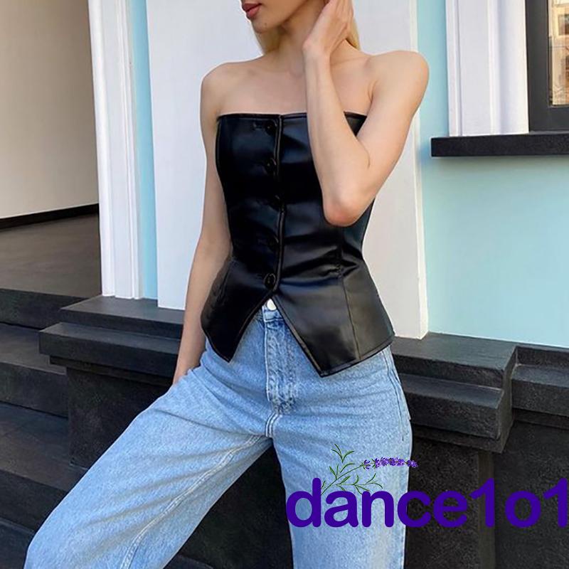 Áo lót da PU cài nút màu trơn quyến rũ cho nữ | BigBuy360 - bigbuy360.vn