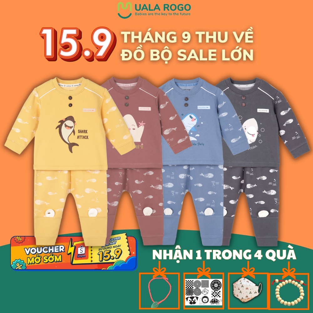 Bộ quần áo dài tay cho bé Ualarogo 6 tháng - 5 tuổi cotton nỉ baby shark cổ tròn bo ống giữ ấm 3929