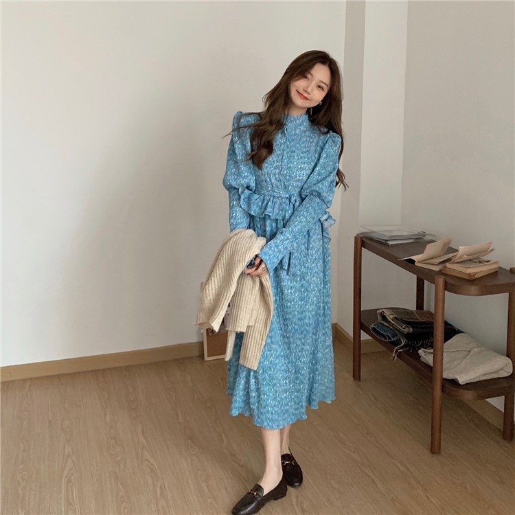 Đầm dài kiểu cổ trụ dài tay phối bèo tiểu thư phong cách Hàn Quốc ulzzang