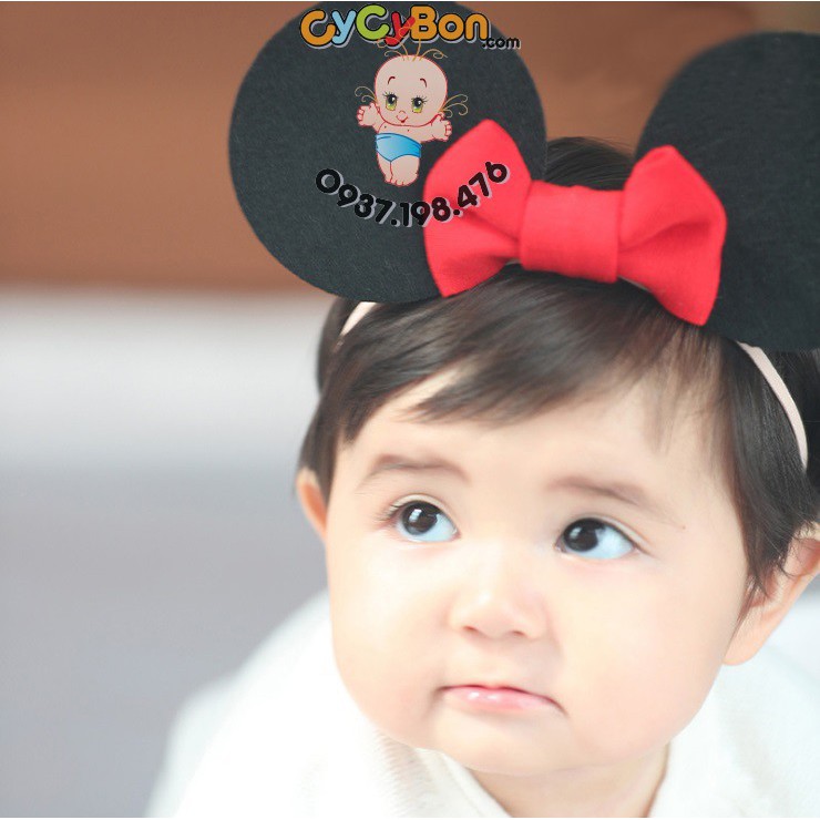 Băng Đô Turban Cho Bé Gái Tai Chuột Mickey Nơ Đỏ Siêu iu !