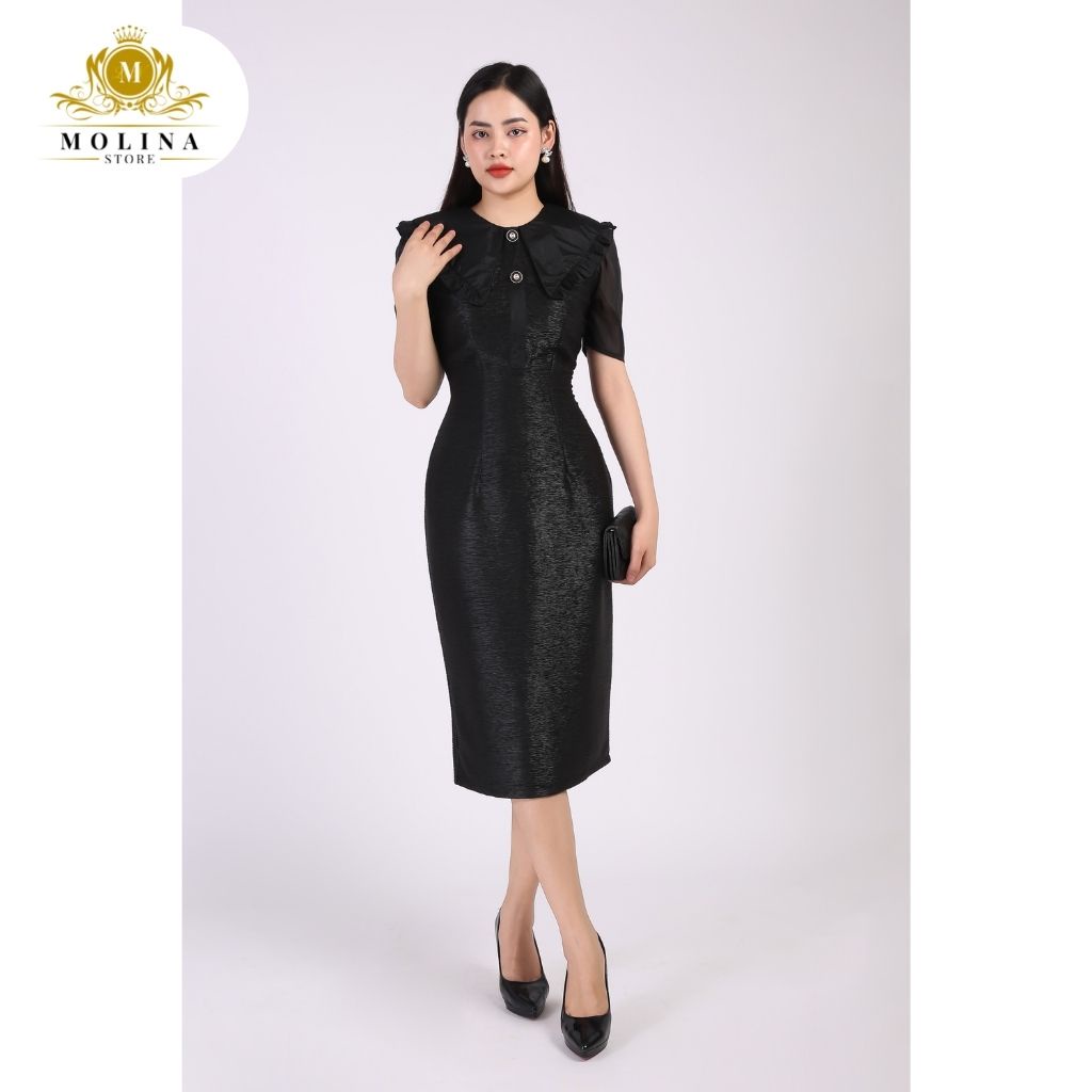 Đầm Dáng Bút Chì Thiết Kế Molina Chất Xốp Mịn Có Lót Trong, Tay Ngắn Cổ Phối Bèo Tơ Nữ Tính Phù Hợp Đi Tiệc Đi Làm