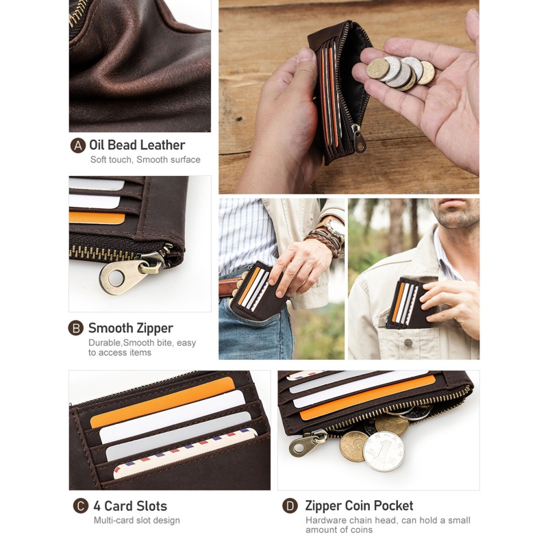 Youyo Ví Da Bò Đựng Thẻ Tín Dụng / Tiền Xu Nhỏ Có Khóa Kéo Phong Cách Vintage Cho Nam