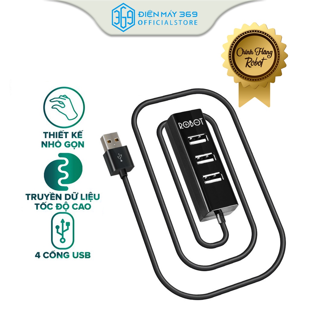 HUB thay đổi Chia cổng tiếp nối USB ROBOT H140-80, 4 cổng chia USB 2.0, Dây nối dài 80cm, Chip đặc biệt. ổn định