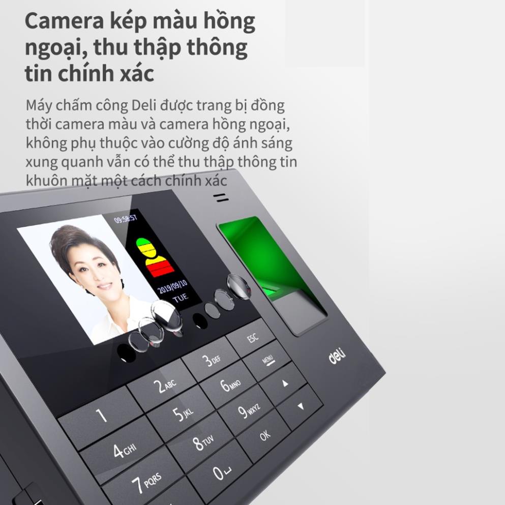 Máy Chấm Công Quét Vân Tay Và Nhận Dạng Khuôn Mặt Deli - Màn Hình 2.8inch, Cổng Kết Nối USB - Nhiều Ngôn Ngữ - E3765 .