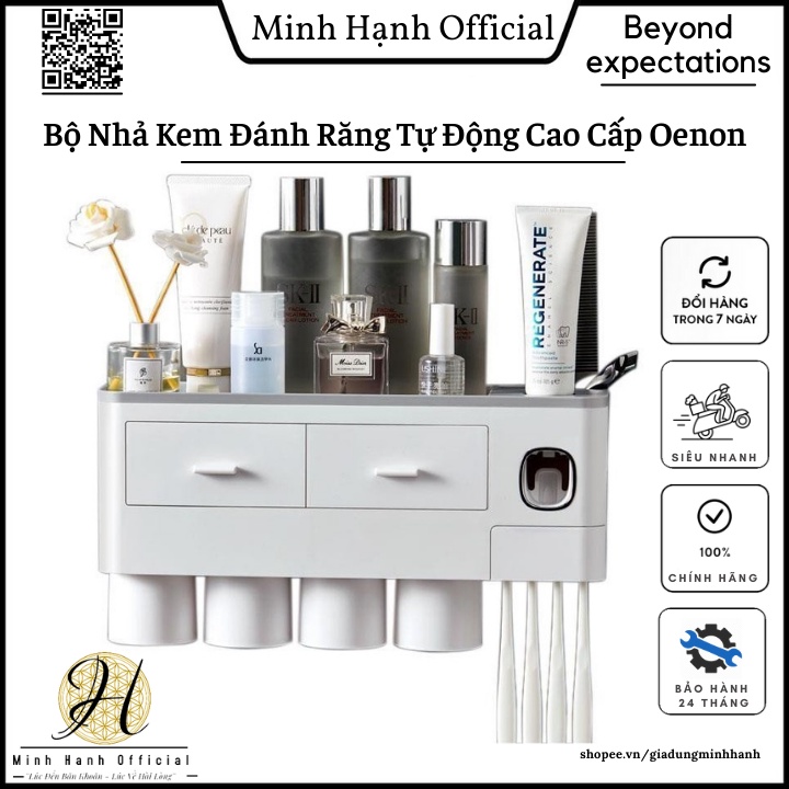 Bộ Nhả Kem Đánh Răng Tự Động, Kệ Để Đồ Phòng Tắm Cao Cấp Oenon Kèm Cốc Hút Từ Tính ( Lam Anh Shop )