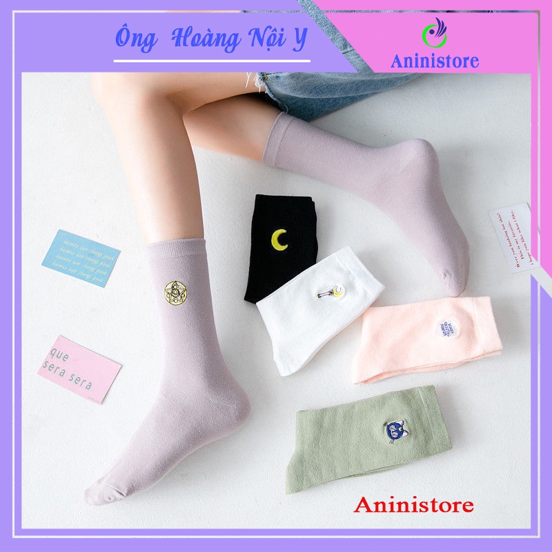Tất cổ cao, vớ cổ cao nữ trắng họa tiết thủy thủ vặt trăng vải cotton co giãn phụ kiện thời trang (TP 012 – Aninistore)