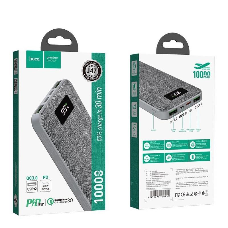 Pin sạc dự phòng Hoco J47 10000mAh lõi Polymer, 2 cổng sạc nhanh QC3.0 và 1 cổng TypeC PD18W