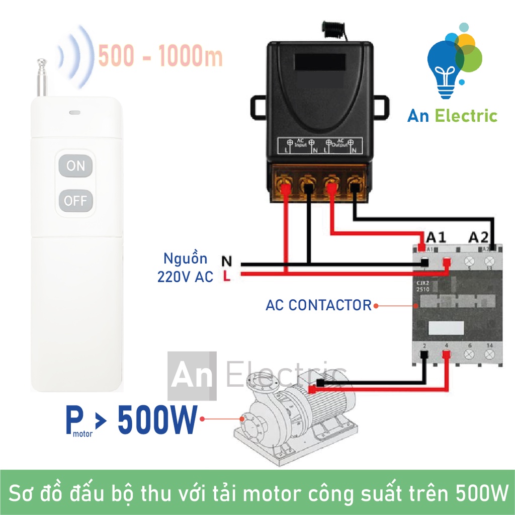 Công tắc điều khiển từ xa 220V 500-1000m công suất cao ngõ ra 30A bật tắt thiết bị chiếu sáng, máy bơm, quạt