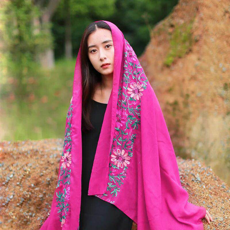 Khăn Choàng Lụa Cỡ Lớn Thêu Họa Tiết Hoa Phong Cách Dân Tộc Thời Trang Đi Biển Mùa Hè