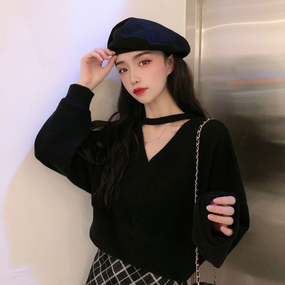 Áo len tay dài cổ chữ V form rộng phong cách Hàn Quốc cho nữ