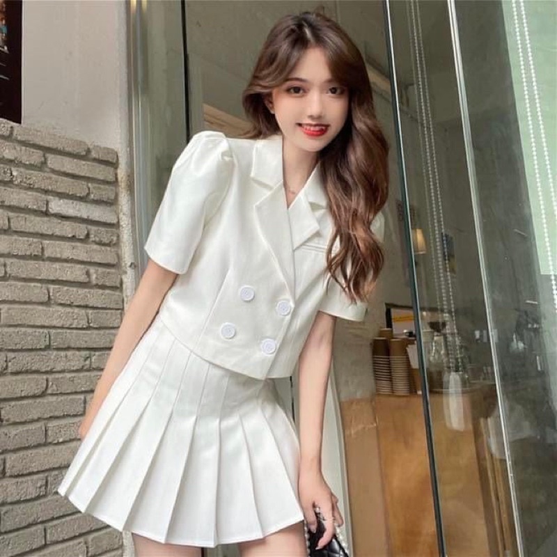 Set Áo blazer croptop tay ngắn nữ và Chân váy xếp ly kiểu nữ trơn xoè cao cấp - Order taobao quảng châu