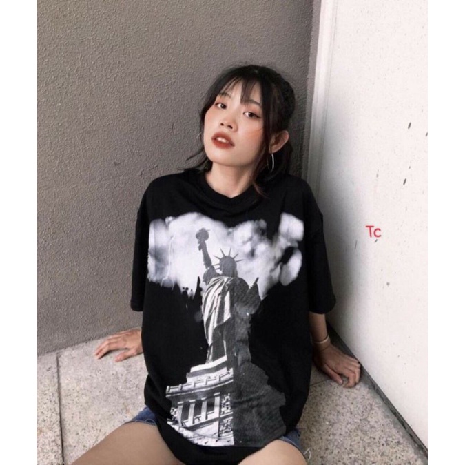 Áo thun tay lỡ tượng nữ thần tự do Hình in 5D nét xịn luôn. Fom to thụng nam nữ siêu Hót.