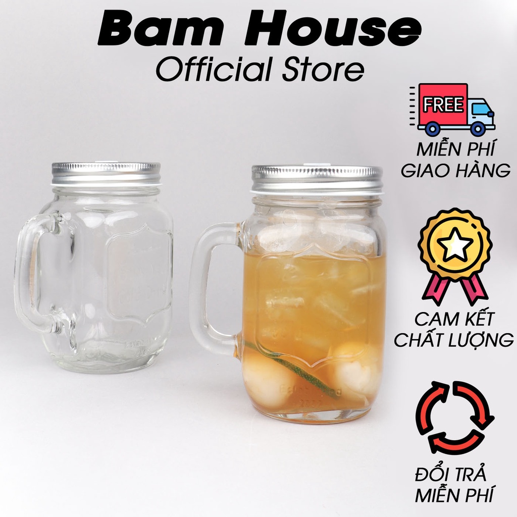 Ly thủy tinh trà sữa Bam House 530ml có tay cầm và có nắp xoay kín cao cấp LTS01 – Gia dụng bếp