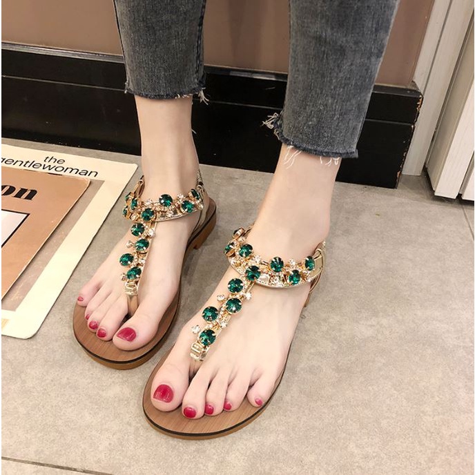 T752 sandal thời trang đế bệt xăng đan xỏ ngón đính đá đi biển phong cách mẫu mới