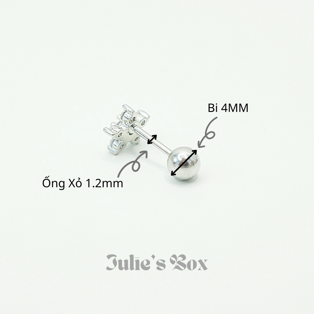 [1 Chiếc] Khuyên Tai Titan Hoa 5 Cánh Đá Trắng Unisex Màu Bạc Đuôi Bi Không Ngứa Bông Tai Julies Box 66