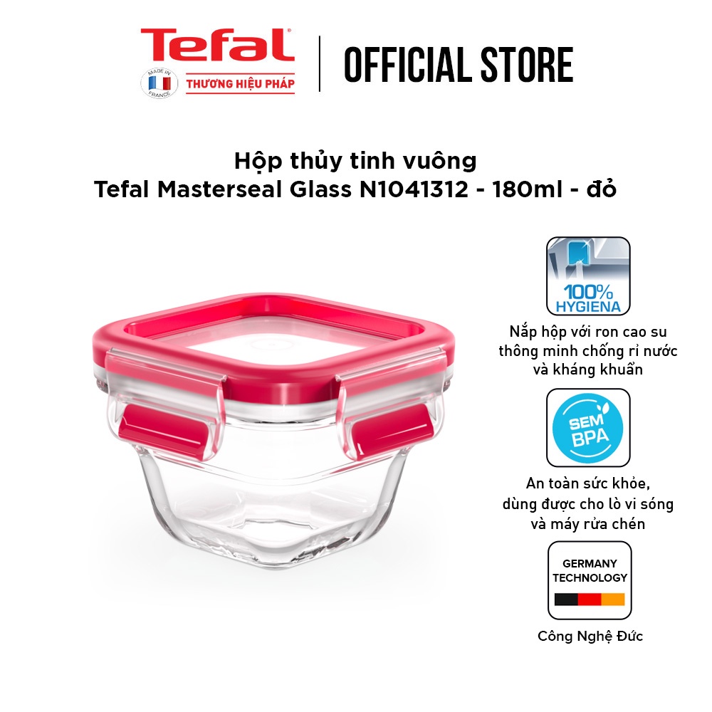[LIFEMC11BPC -8% đơn 350K] Hộp thủy tinh vuông Tefal Masterseal N1041312 - 180ml - đỏ