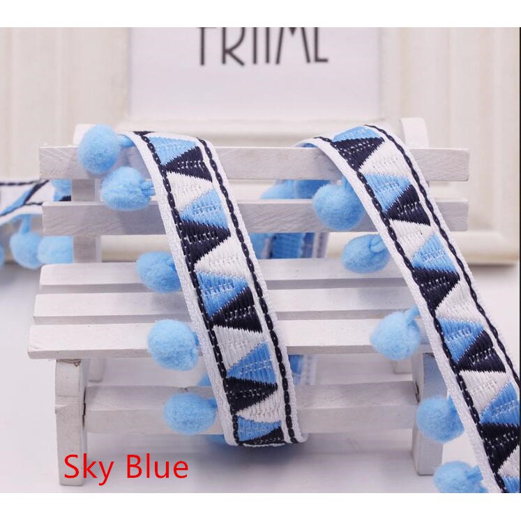 Dải dây thêu hoạ tiết phối tua rua hạt pom pom nhiều màu sắc