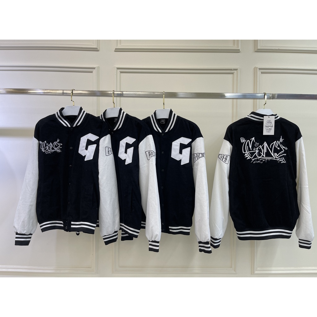 Áo khoác Bomber, Varsity jacket Gonz Black Graffiti V3 nam nữ nỉ nhung Form rộng,Áo khoác bomber 2 lớp Gonz