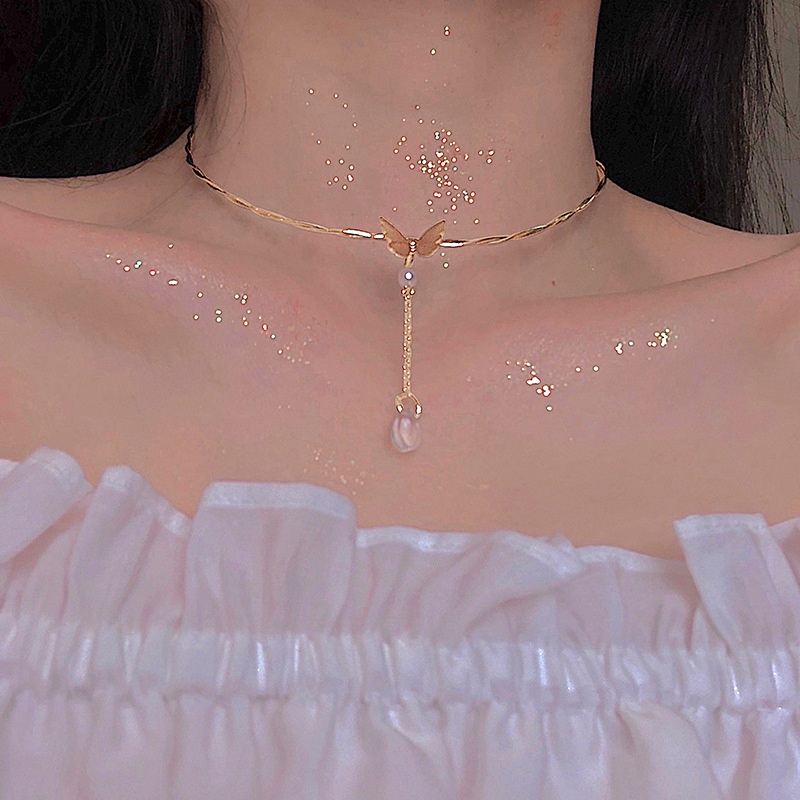 Vòng cổ Mặt Hình Bướm Đính Ngọc Trai Đơn Giản Thanh Lịch Cho Nữ
