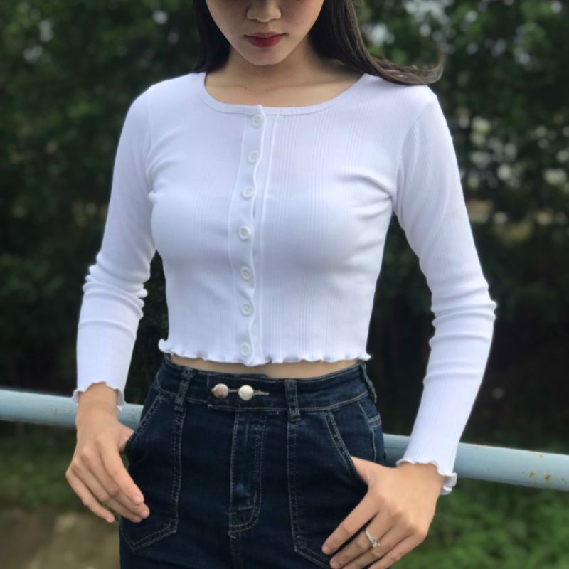 Áo 7 cúc croptop tay dài cuốn biên len quảng châu - A3C77