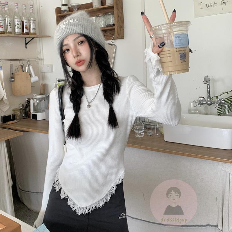 Áo Thun Nữ Dài Tay Cổ Tròn Tua Rua Lệch Tà Thời Trang