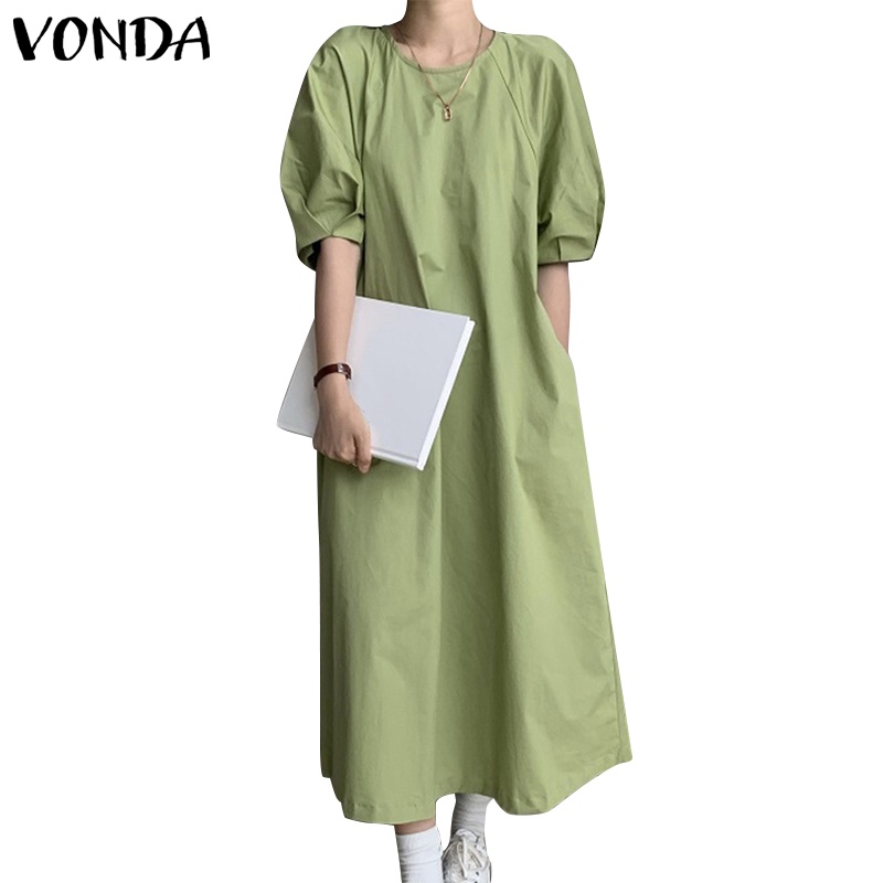 Đầm dài VONDA dáng rộng tay lửng cổ tròn màu trơn đơn giản thời trang cho nữ