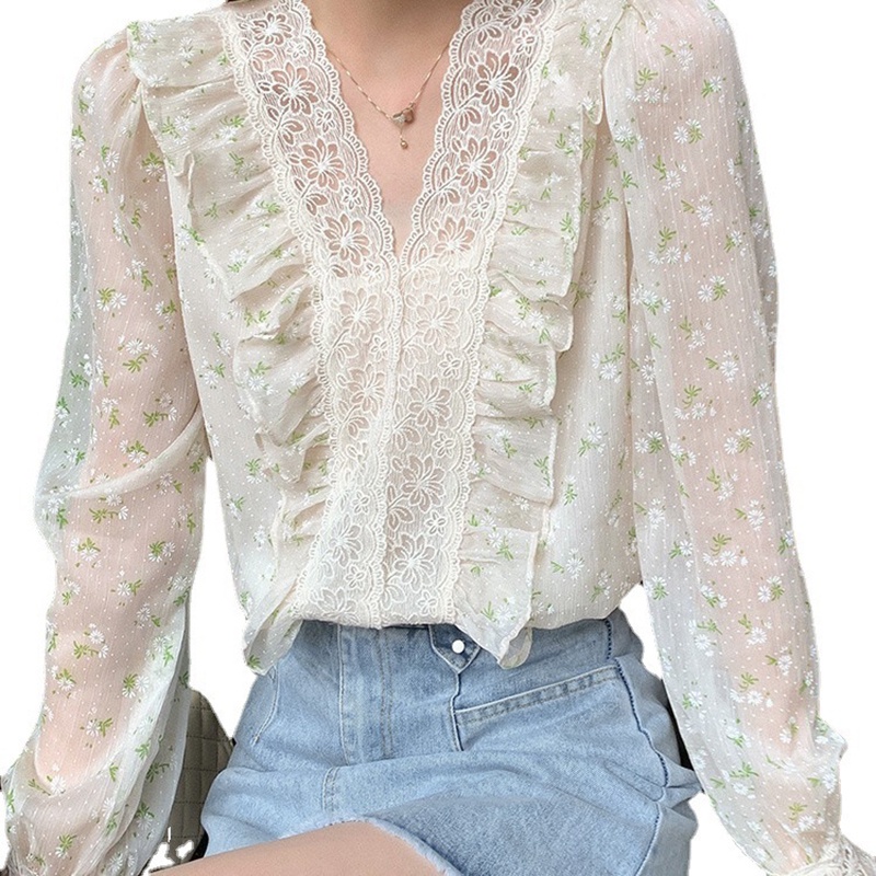 Áo kiểu vải chiffon tay dài cổ chữ V phối họa tiết ren dễ thương