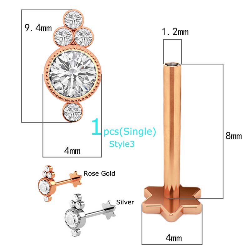 Khuyên tai thép không gỉ đính đá zircon 16g tùy chọn kiểu dáng