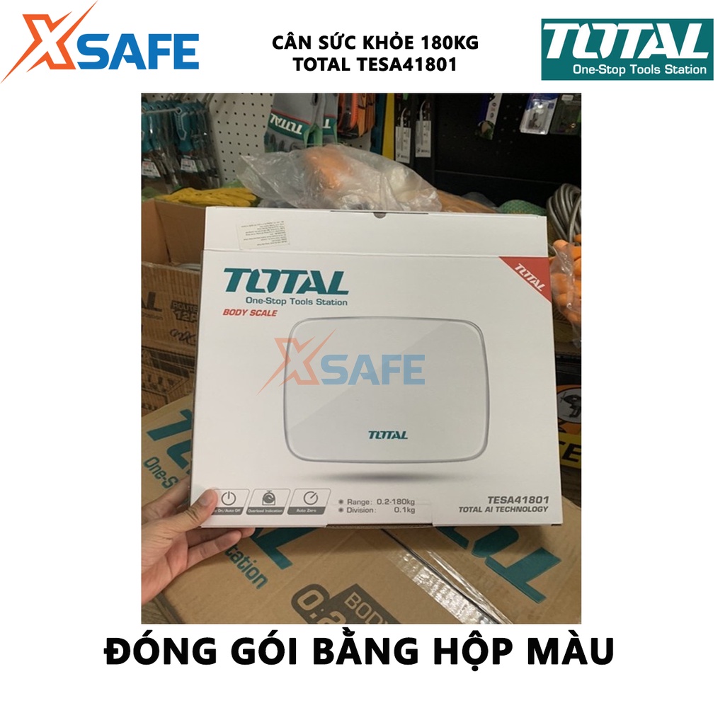 Cân điện tử TOTAL TESA41801 Cân sức khỏe 180kg kích thước 260x320mm, nguồn pin sử dụng 3 pin AAA, phạm vi cân 0.2-180kg