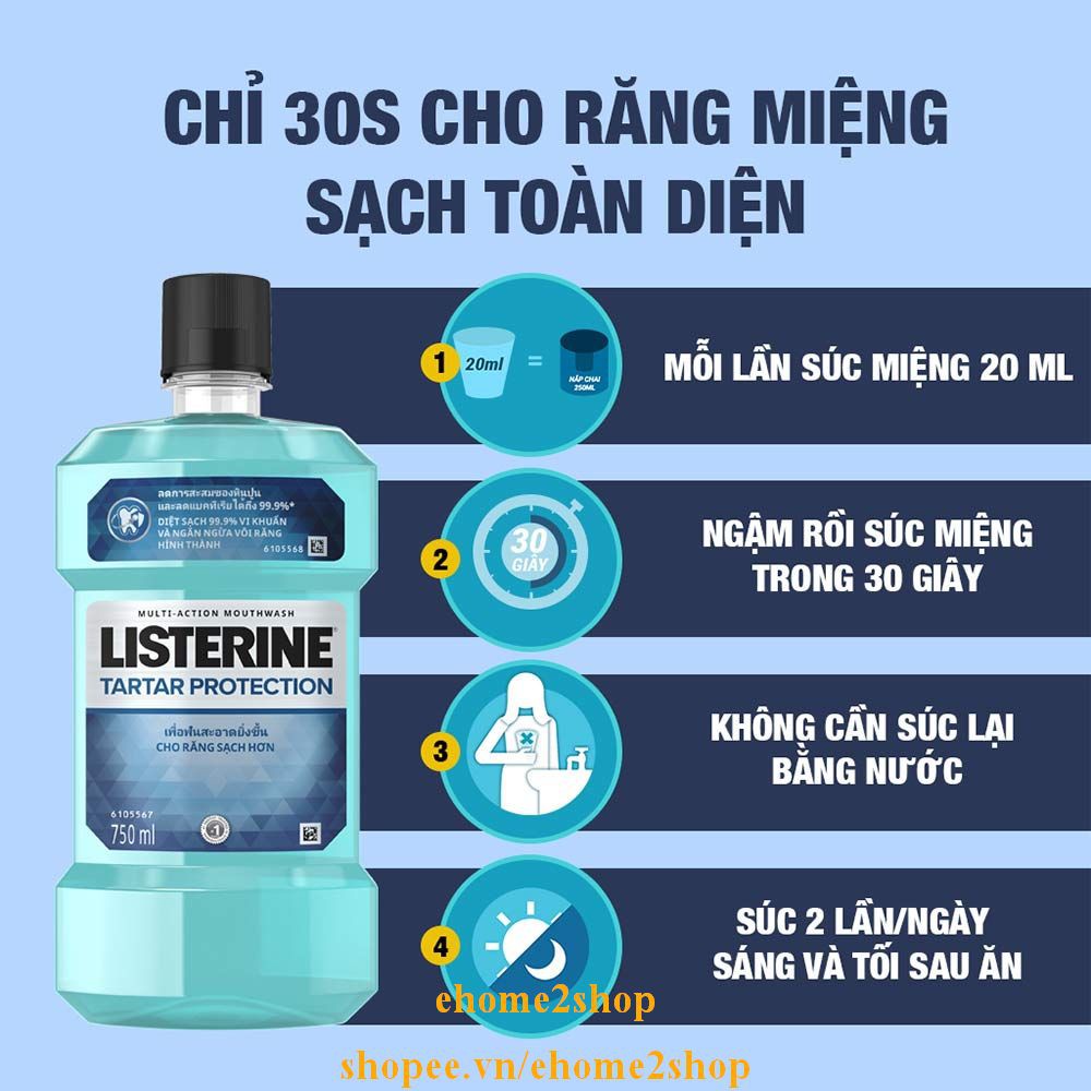 Nước Súc Miệng 250Ml Listerine Tartar Protection Ngăn Ngừa Vôi Răng Làm Thơm Miệng, shopee.vn/ehome2shop.