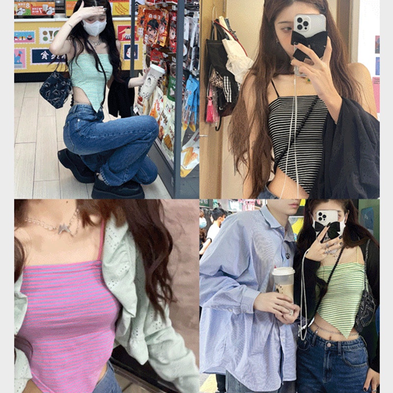 Áo Croptop Hai Dây Dệt Kim Họa Tiết Kẻ Sọc Thời Trang Cho Nữ