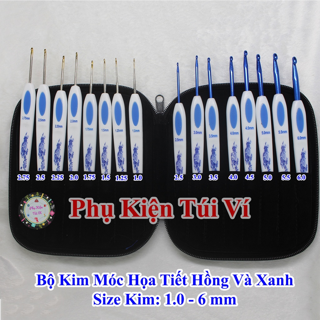 Bộ kim móc họa tiết hồng và xanh
