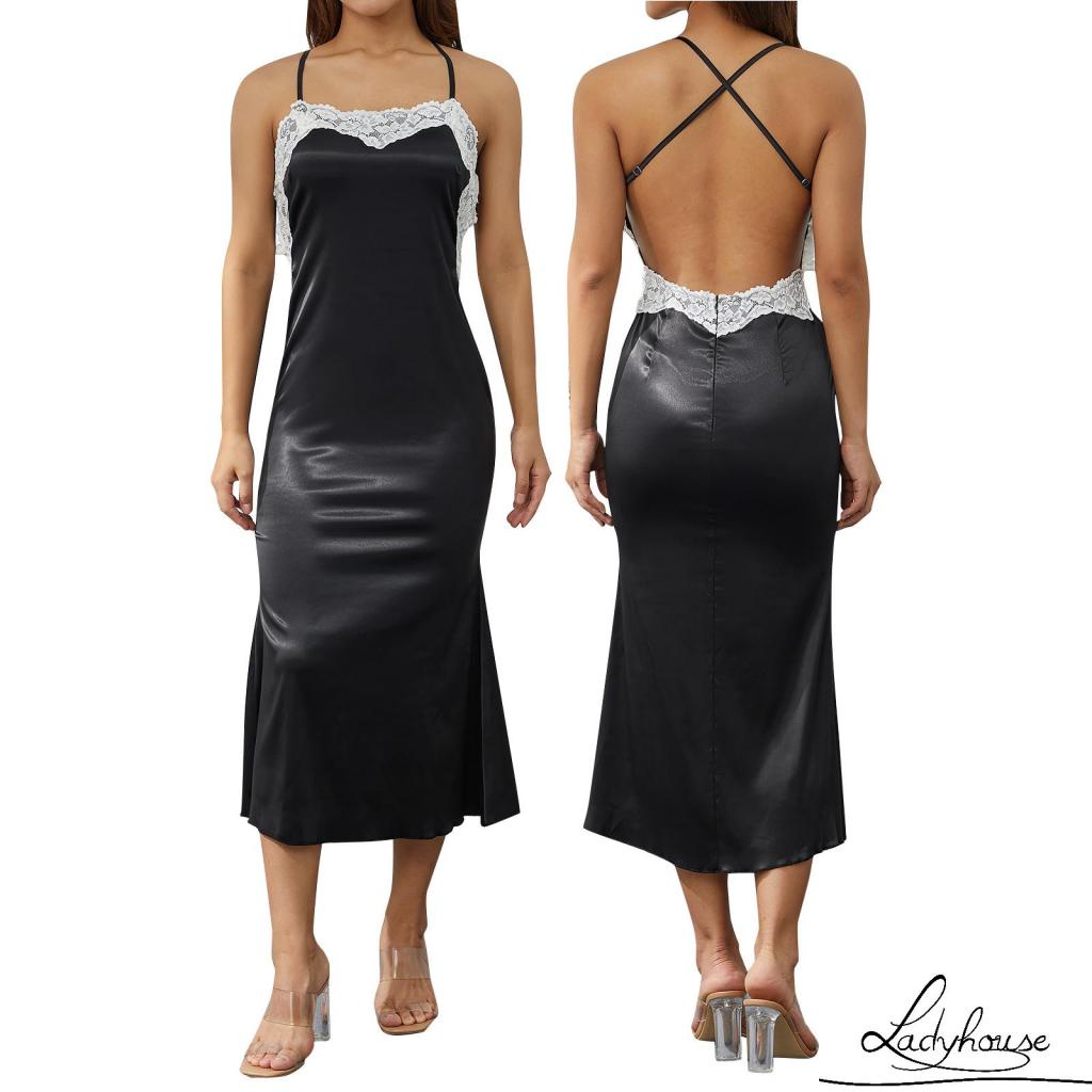 Ldd-đầm Dài Hai Dây Mỏng Màu Đen Trang Trí Ren Trang Trí Tiệc Tối Dành Cho Bạn Nữ