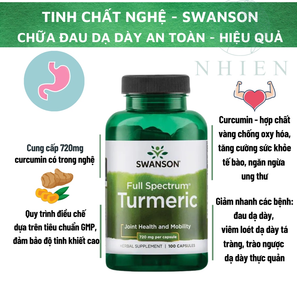 Viên uống tinh chất nghệ Turmeric 720mg Swanson giảm đau dạ dày, tăng cường sức khỏe, ngăn ngừa ung thư 100 viên