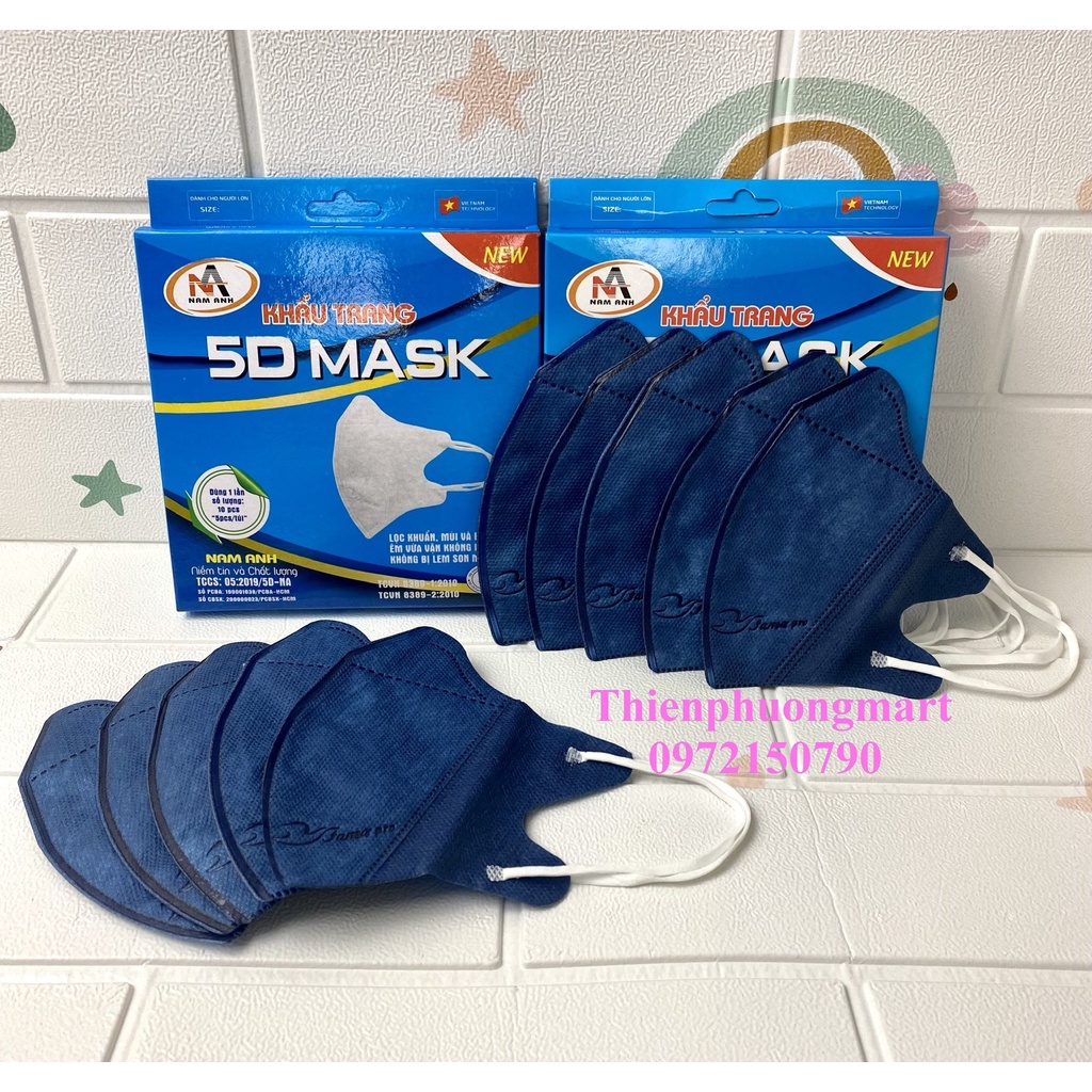 Khẩu trang 5D NAM ANH FAMAPRO 3 lớp Kháng Khuẩn 10 cái/ hộp Trắng, Hồng, Xanh Y Tế, Xanh Rêu, Xanh Navy, Xám, Đen