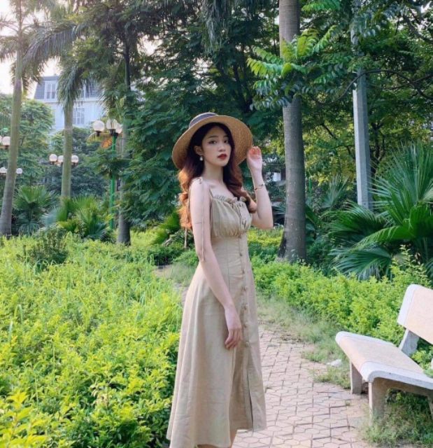 Đầm maxi 2 dây xếp li đi biển vintage | BigBuy360 - bigbuy360.vn