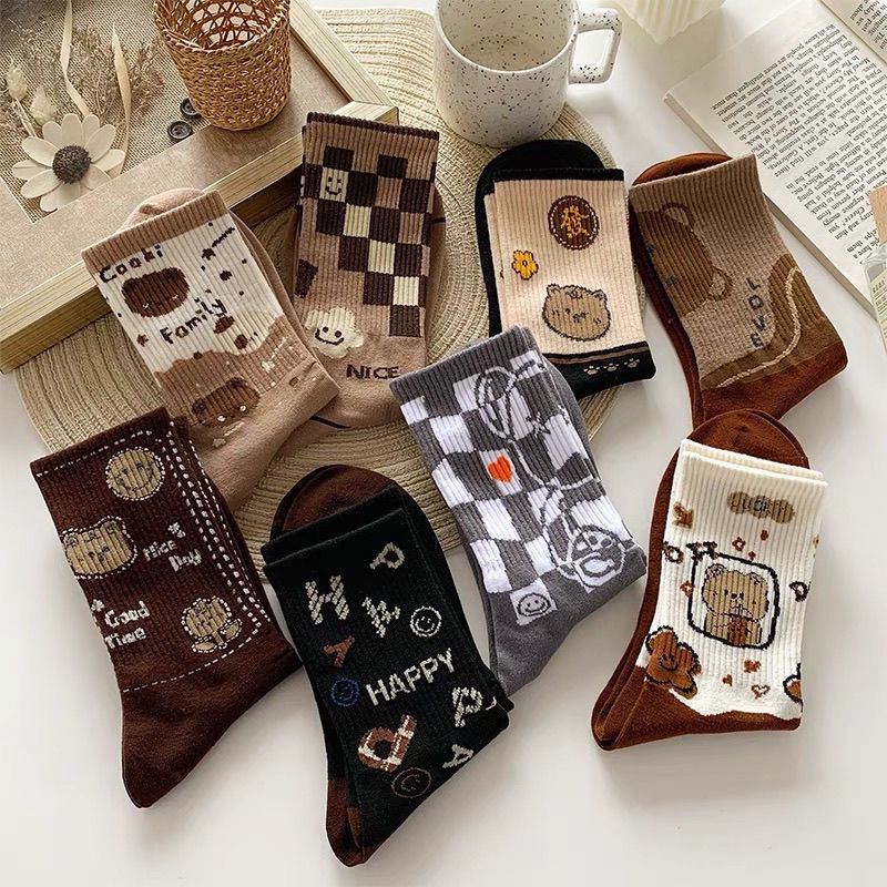 Set 10 Đôi Vớ Dài Màu Cà Phê Thời Trang Hàn Quốc