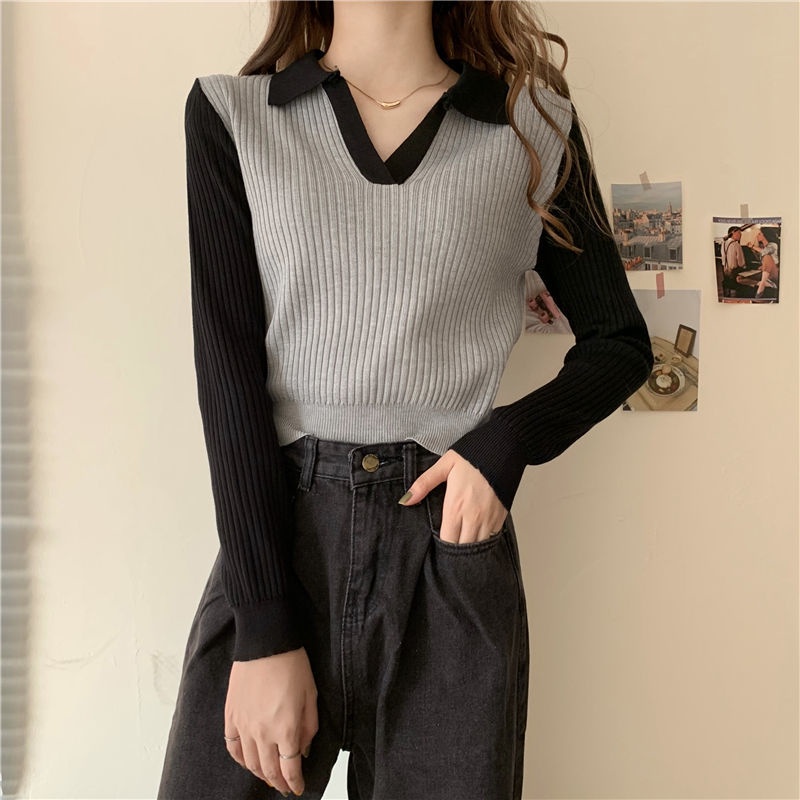 Áo sweater dài tay màu tương phản phong cách mùa thu Hàn Quốc cho nữ