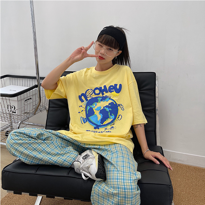 Áo thun tay ngắn in hình trái đất phong cách Hàn Quốc thời trang cho nữ