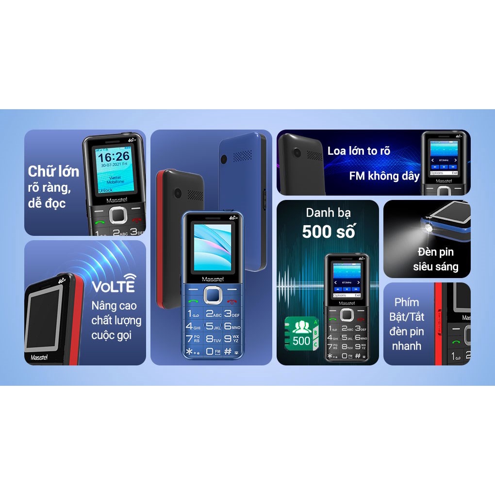 Điện Thoại Masstel Izi 20 4G, Izi 10- Loa To, Pin Trâu, 2 Sim 2 Sóng, Hỗ Trợ 4G VoLTE, Đèn Pin Sáng, Giá Rẻ [CHÍNH HÃNG]