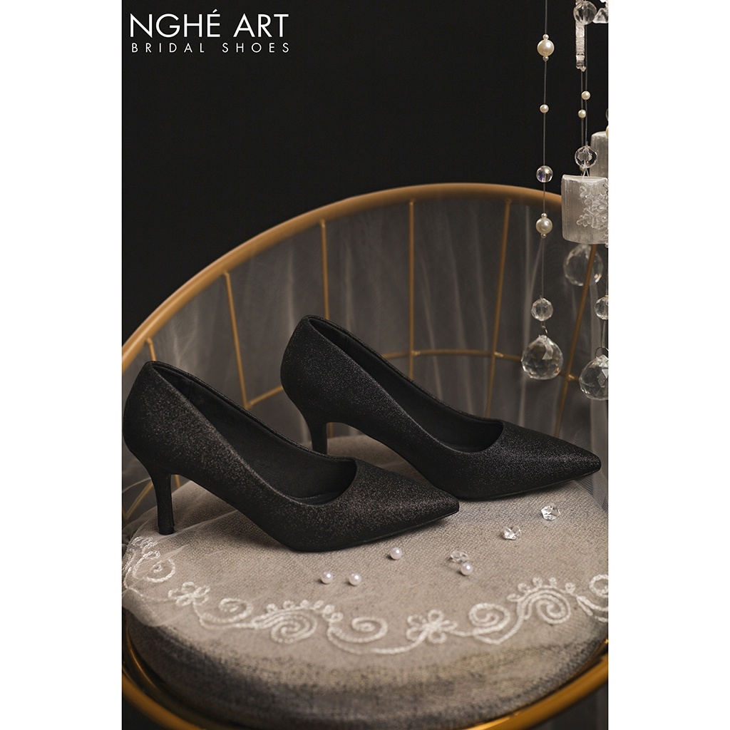 Giày cưới Nghé Art cao gót kim tuyến đen 357